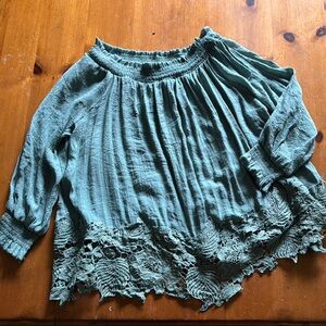 She + Sky Teal Lace Hem Blouse